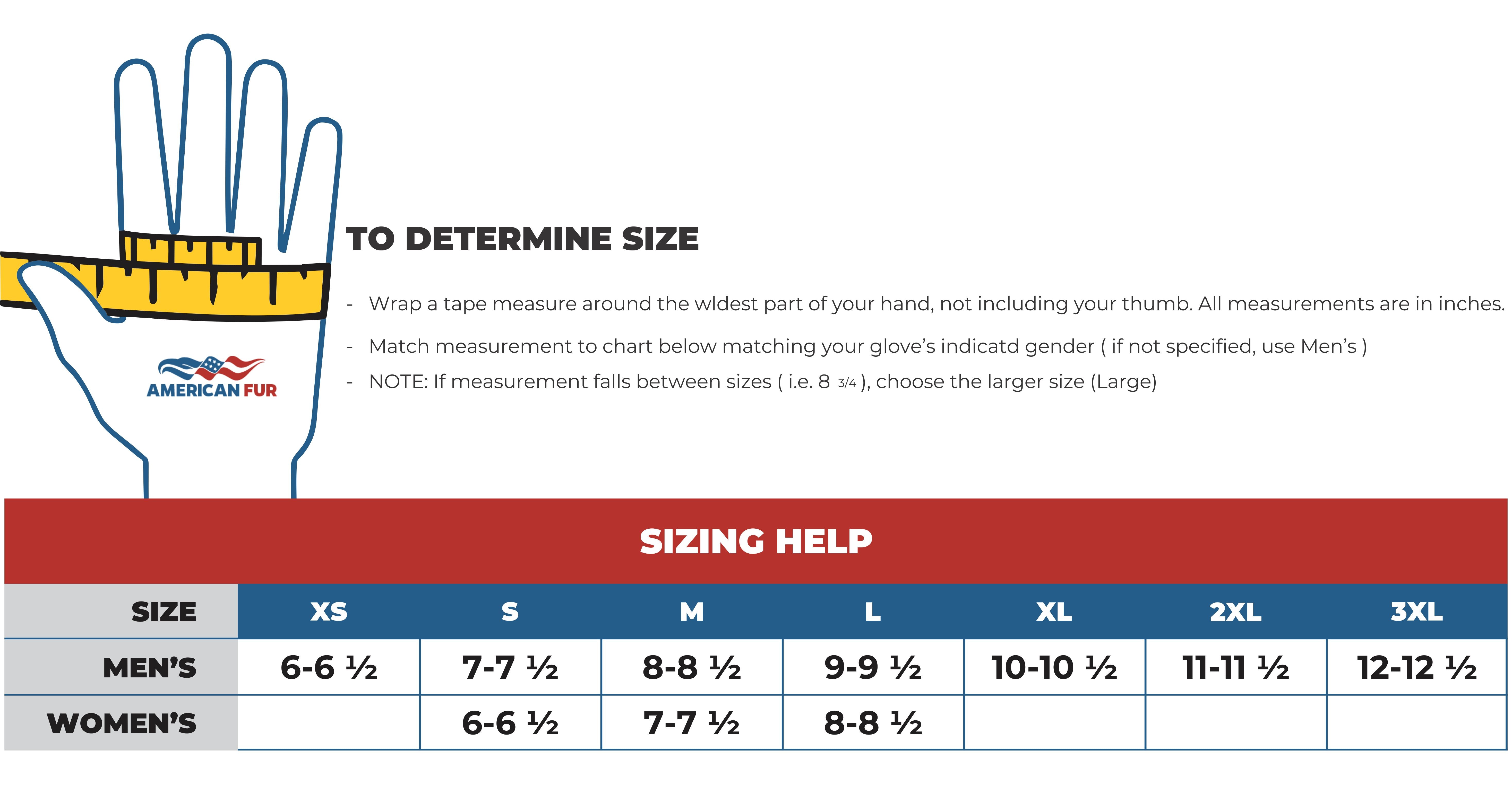 American Fur glove size measurement chart